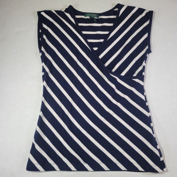 Lauren Ralph Lauren Cotton Navy & White Striped V-Neck Faux Wrap-Style Top M - Picture 1 of 5